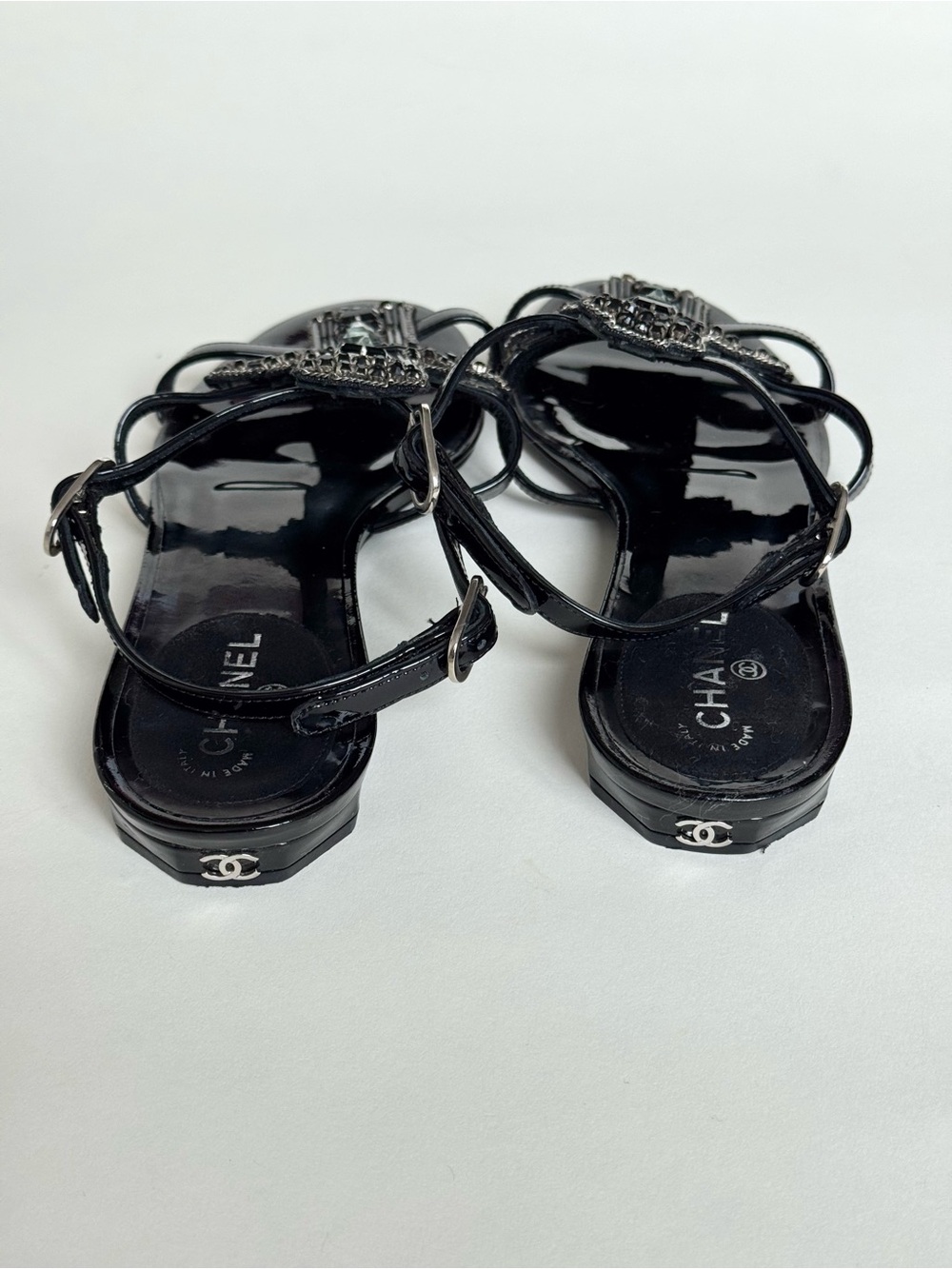 CHANEL Black Patent Leather Beaded and  Jeweled Slingback Sandals - Size 36 - Picture 6 of 10